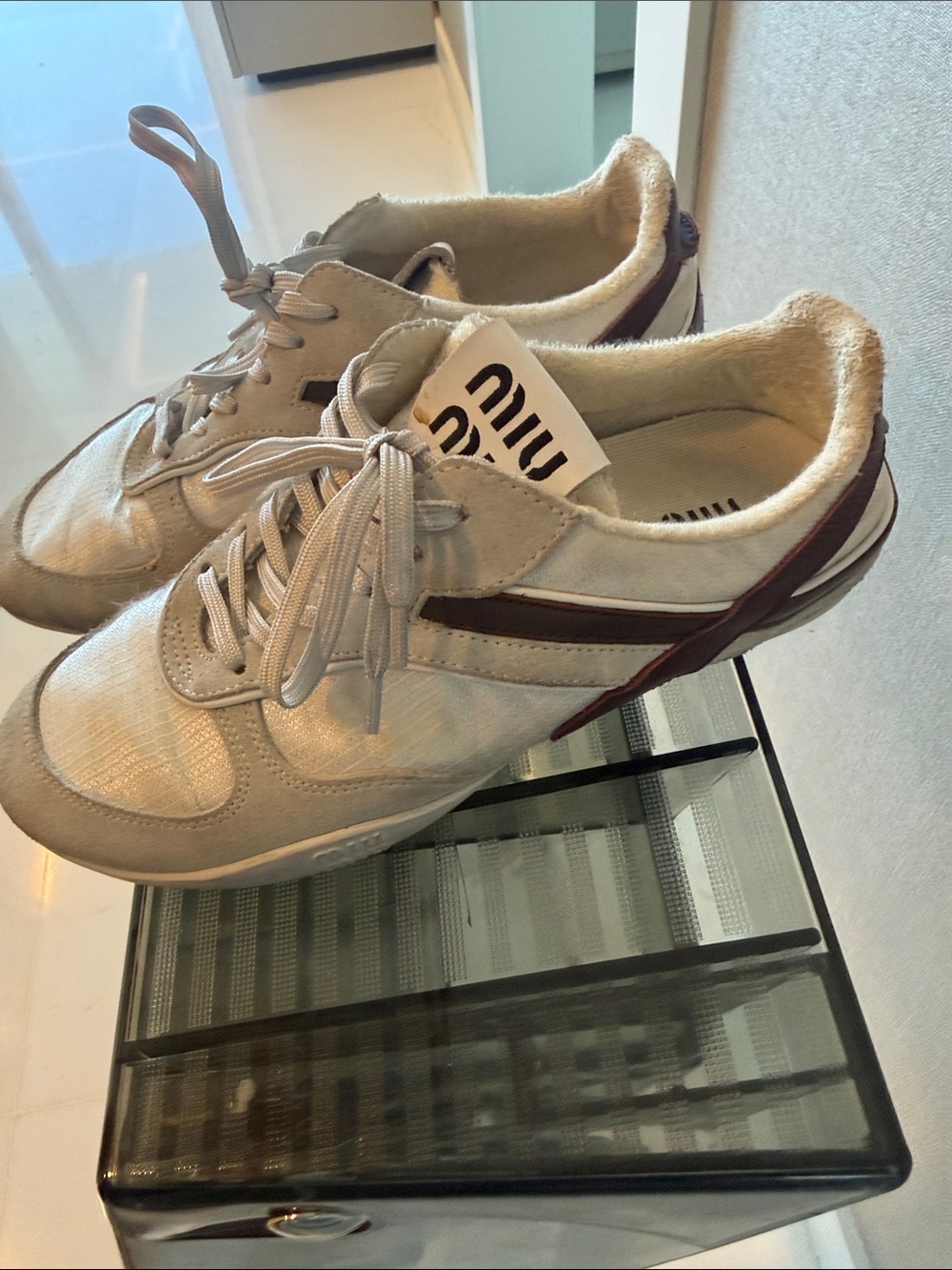 Beige and Cream Lace-Up Sneakers - Picture 3 of 5